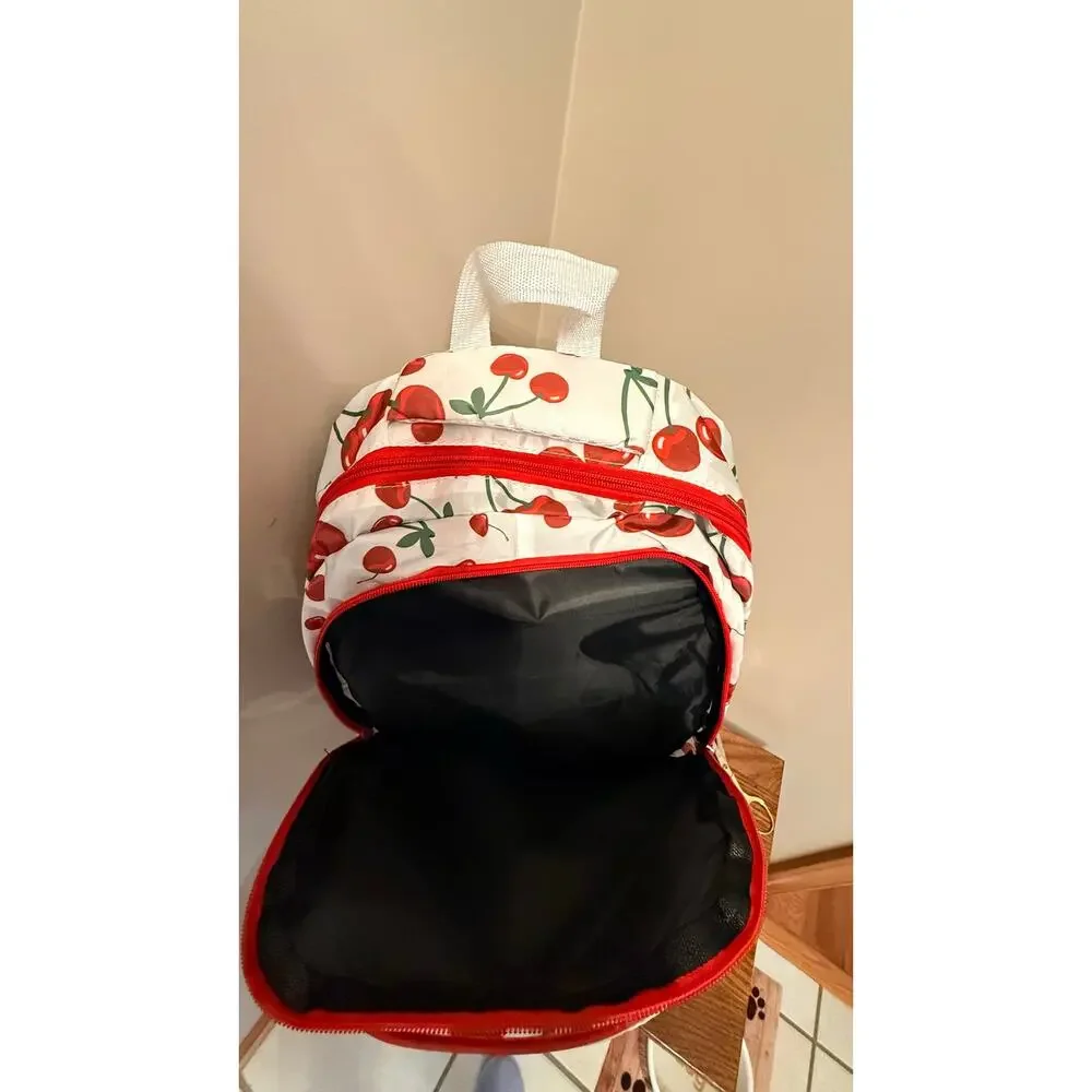 New white backpack cherry pattern.Padded back,multiple pockets,adjustable straps